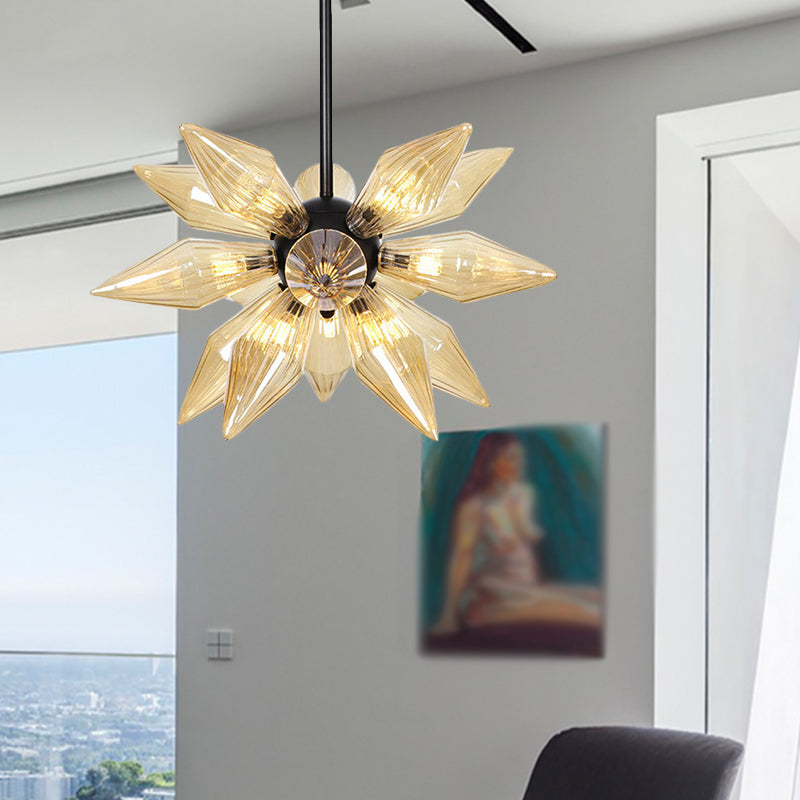 Starburst Design Pendant Lighting Industrial Amber/Clear Ribbed Glass 9/12/15 Heads Bedroom Hanging Chandelier Lamp Clearhalo 'Ceiling Lights' 'Chandeliers' 'Clear' 'Close To Ceiling Lights' 'Glass shade' 'Glass' 'Industrial Chandeliers' 'Industrial' 'Middle Century Chandeliers' 'Modern' 'Tiffany' 'Traditional Chandeliers' Lighting' 283211