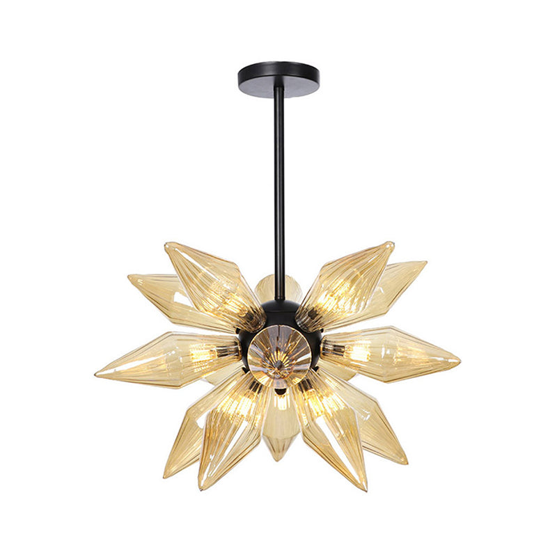 Starburst Design Pendant Lighting Industrial Amber/Clear Ribbed Glass 9/12/15 Heads Bedroom Hanging Chandelier Lamp Clearhalo 'Ceiling Lights' 'Chandeliers' 'Clear' 'Close To Ceiling Lights' 'Glass shade' 'Glass' 'Industrial Chandeliers' 'Industrial' 'Middle Century Chandeliers' 'Modern' 'Tiffany' 'Traditional Chandeliers' Lighting' 283212