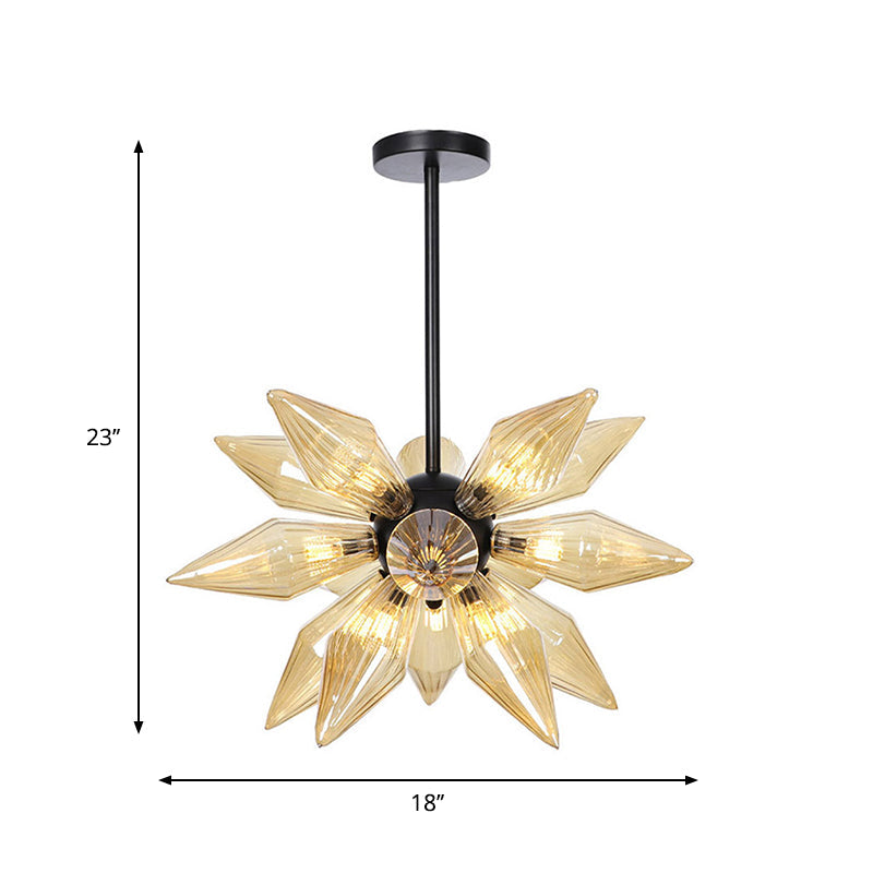 Starburst Design Pendant Lighting Industrial Amber/Clear Ribbed Glass 9/12/15 Heads Bedroom Hanging Chandelier Lamp Clearhalo 'Ceiling Lights' 'Chandeliers' 'Clear' 'Close To Ceiling Lights' 'Glass shade' 'Glass' 'Industrial Chandeliers' 'Industrial' 'Middle Century Chandeliers' 'Modern' 'Tiffany' 'Traditional Chandeliers' Lighting' 283213