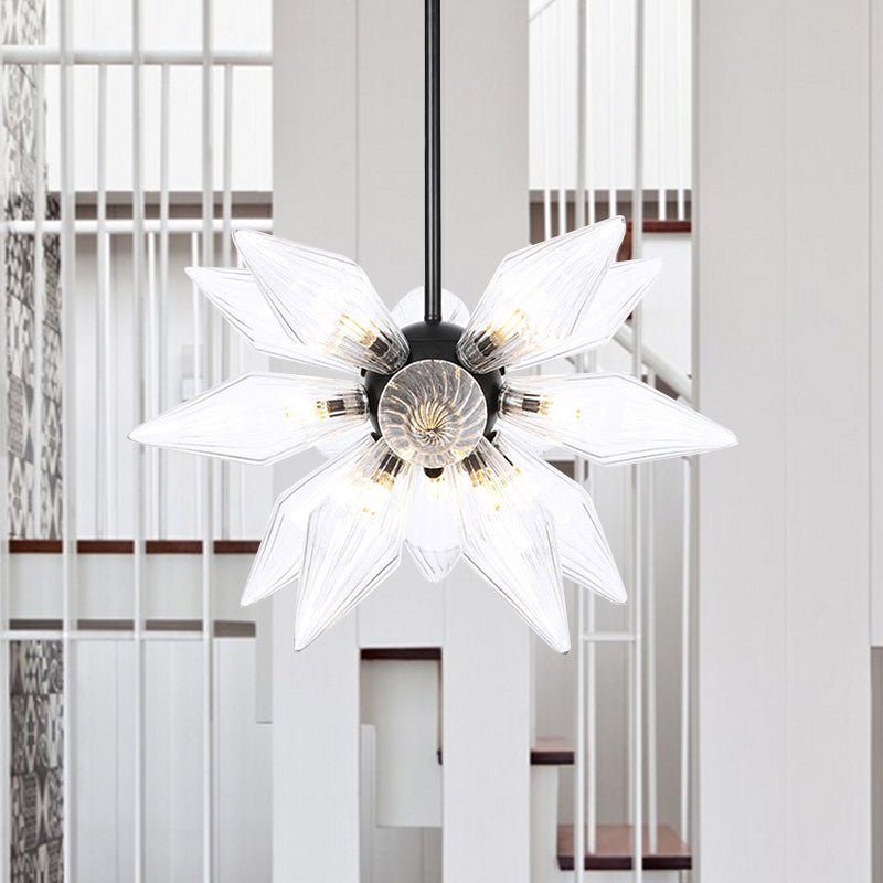 Starburst Design Pendant Lighting Industrial Amber/Clear Ribbed Glass 9/12/15 Heads Bedroom Hanging Chandelier Lamp 15 Clear Clearhalo 'Ceiling Lights' 'Chandeliers' 'Clear' 'Close To Ceiling Lights' 'Glass shade' 'Glass' 'Industrial Chandeliers' 'Industrial' 'Middle Century Chandeliers' 'Modern' 'Tiffany' 'Traditional Chandeliers' Lighting' 283214