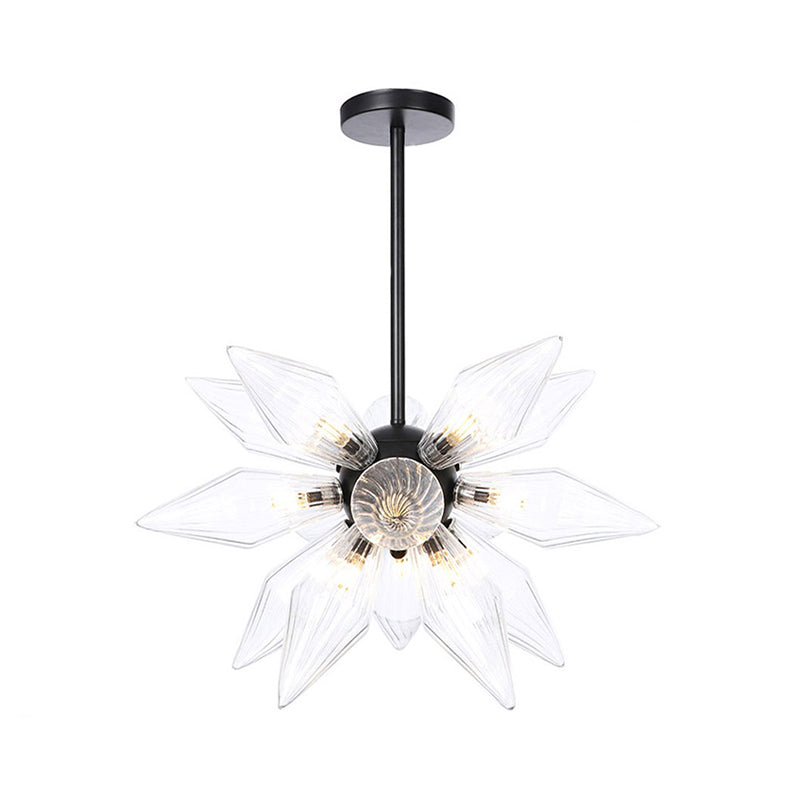 Starburst Design Pendant Lighting Industrial Amber/Clear Ribbed Glass 9/12/15 Heads Bedroom Hanging Chandelier Lamp Clearhalo 'Ceiling Lights' 'Chandeliers' 'Clear' 'Close To Ceiling Lights' 'Glass shade' 'Glass' 'Industrial Chandeliers' 'Industrial' 'Middle Century Chandeliers' 'Modern' 'Tiffany' 'Traditional Chandeliers' Lighting' 283216