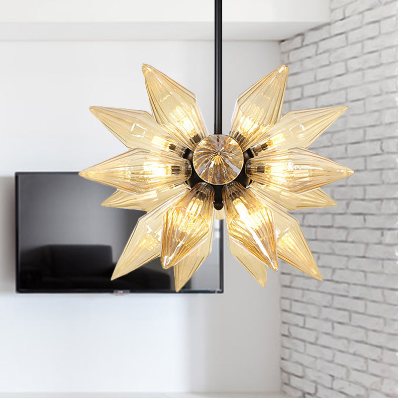 Starburst Design Pendant Lighting Industrial Amber/Clear Ribbed Glass 9/12/15 Heads Bedroom Hanging Chandelier Lamp 18 Amber Clearhalo 'Ceiling Lights' 'Chandeliers' 'Clear' 'Close To Ceiling Lights' 'Glass shade' 'Glass' 'Industrial Chandeliers' 'Industrial' 'Middle Century Chandeliers' 'Modern' 'Tiffany' 'Traditional Chandeliers' Lighting' 283222