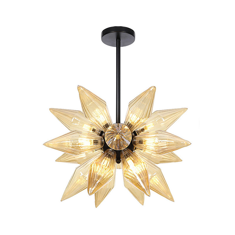 Starburst Design Pendant Lighting Industrial Amber/Clear Ribbed Glass 9/12/15 Heads Bedroom Hanging Chandelier Lamp Clearhalo 'Ceiling Lights' 'Chandeliers' 'Clear' 'Close To Ceiling Lights' 'Glass shade' 'Glass' 'Industrial Chandeliers' 'Industrial' 'Middle Century Chandeliers' 'Modern' 'Tiffany' 'Traditional Chandeliers' Lighting' 283224