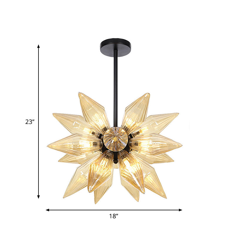 Starburst Design Pendant Lighting Industrial Amber/Clear Ribbed Glass 9/12/15 Heads Bedroom Hanging Chandelier Lamp Clearhalo 'Ceiling Lights' 'Chandeliers' 'Clear' 'Close To Ceiling Lights' 'Glass shade' 'Glass' 'Industrial Chandeliers' 'Industrial' 'Middle Century Chandeliers' 'Modern' 'Tiffany' 'Traditional Chandeliers' Lighting' 283225