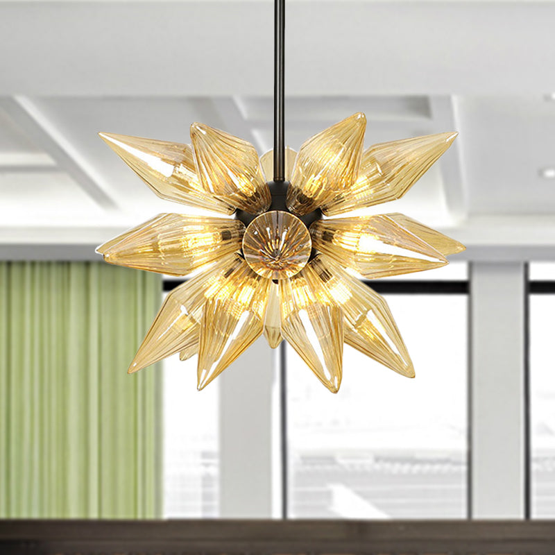 Starburst Design Pendant Lighting Industrial Amber/Clear Ribbed Glass 9/12/15 Heads Bedroom Hanging Chandelier Lamp 21 Amber Clearhalo 'Ceiling Lights' 'Chandeliers' 'Clear' 'Close To Ceiling Lights' 'Glass shade' 'Glass' 'Industrial Chandeliers' 'Industrial' 'Middle Century Chandeliers' 'Modern' 'Tiffany' 'Traditional Chandeliers' Lighting' 283226