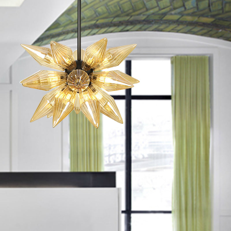 Starburst Design Pendant Lighting Industrial Amber/Clear Ribbed Glass 9/12/15 Heads Bedroom Hanging Chandelier Lamp Clearhalo 'Ceiling Lights' 'Chandeliers' 'Clear' 'Close To Ceiling Lights' 'Glass shade' 'Glass' 'Industrial Chandeliers' 'Industrial' 'Middle Century Chandeliers' 'Modern' 'Tiffany' 'Traditional Chandeliers' Lighting' 283227