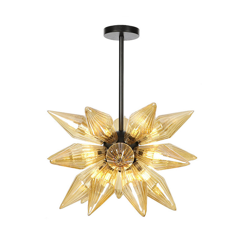 Starburst Design Pendant Lighting Industrial Amber/Clear Ribbed Glass 9/12/15 Heads Bedroom Hanging Chandelier Lamp Clearhalo 'Ceiling Lights' 'Chandeliers' 'Clear' 'Close To Ceiling Lights' 'Glass shade' 'Glass' 'Industrial Chandeliers' 'Industrial' 'Middle Century Chandeliers' 'Modern' 'Tiffany' 'Traditional Chandeliers' Lighting' 283228