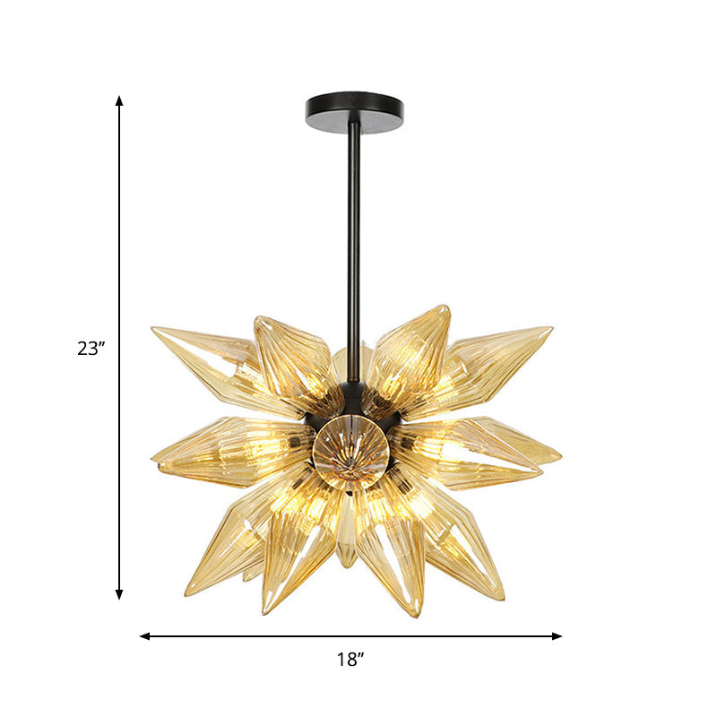 Starburst Design Pendant Lighting Industrial Amber/Clear Ribbed Glass 9/12/15 Heads Bedroom Hanging Chandelier Lamp Clearhalo 'Ceiling Lights' 'Chandeliers' 'Clear' 'Close To Ceiling Lights' 'Glass shade' 'Glass' 'Industrial Chandeliers' 'Industrial' 'Middle Century Chandeliers' 'Modern' 'Tiffany' 'Traditional Chandeliers' Lighting' 283229