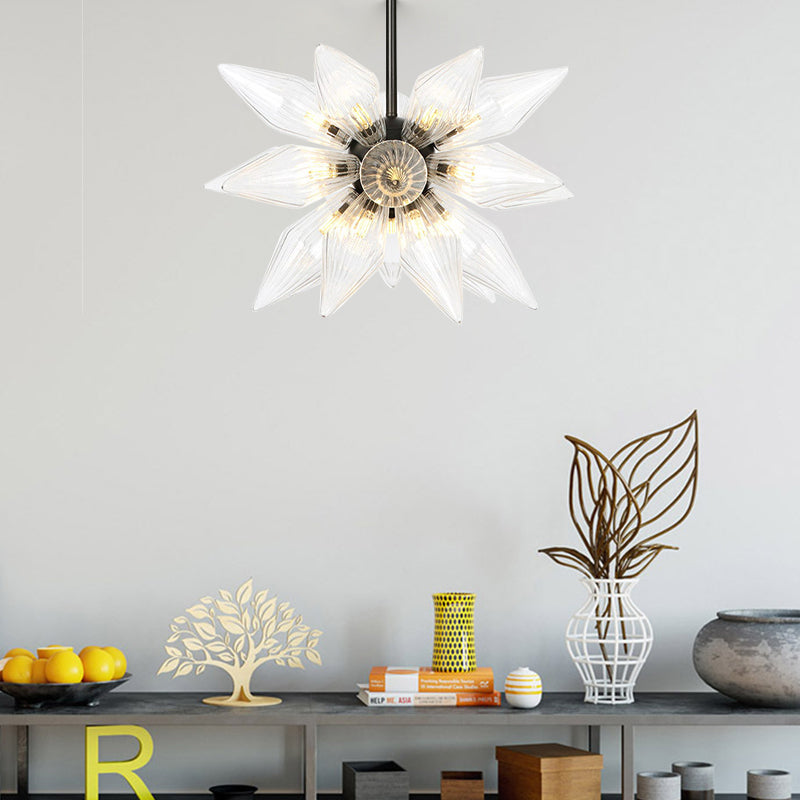 Starburst Design Pendant Lighting Industrial Amber/Clear Ribbed Glass 9/12/15 Heads Bedroom Hanging Chandelier Lamp Clearhalo 'Ceiling Lights' 'Chandeliers' 'Clear' 'Close To Ceiling Lights' 'Glass shade' 'Glass' 'Industrial Chandeliers' 'Industrial' 'Middle Century Chandeliers' 'Modern' 'Tiffany' 'Traditional Chandeliers' Lighting' 283231