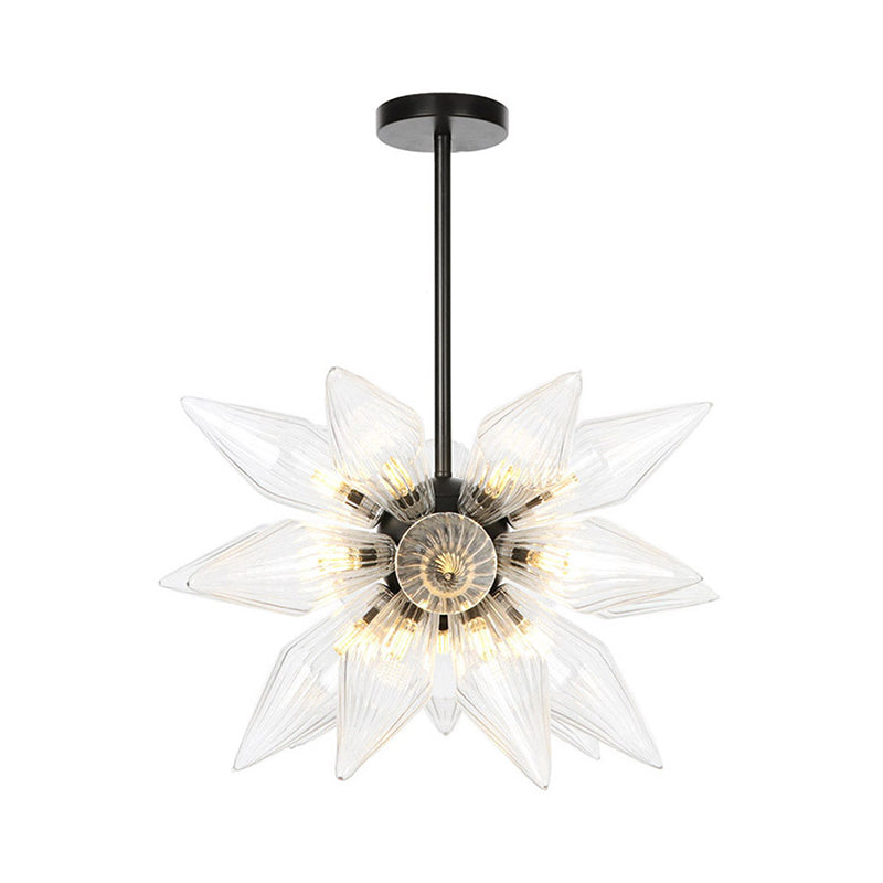 Starburst Design Pendant Lighting Industrial Amber/Clear Ribbed Glass 9/12/15 Heads Bedroom Hanging Chandelier Lamp Clearhalo 'Ceiling Lights' 'Chandeliers' 'Clear' 'Close To Ceiling Lights' 'Glass shade' 'Glass' 'Industrial Chandeliers' 'Industrial' 'Middle Century Chandeliers' 'Modern' 'Tiffany' 'Traditional Chandeliers' Lighting' 283232