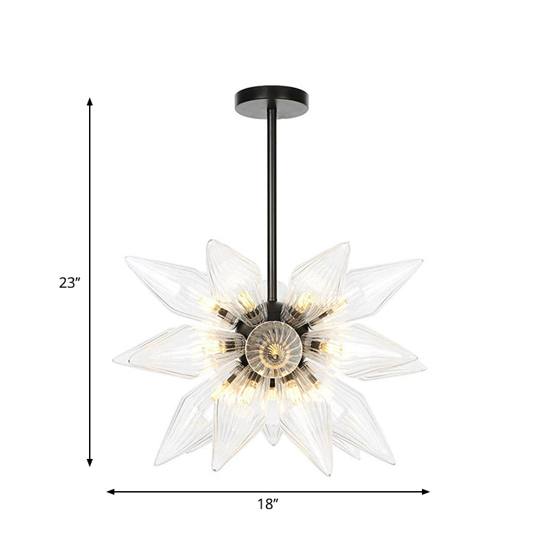Starburst Design Pendant Lighting Industrial Amber/Clear Ribbed Glass 9/12/15 Heads Bedroom Hanging Chandelier Lamp Clearhalo 'Ceiling Lights' 'Chandeliers' 'Clear' 'Close To Ceiling Lights' 'Glass shade' 'Glass' 'Industrial Chandeliers' 'Industrial' 'Middle Century Chandeliers' 'Modern' 'Tiffany' 'Traditional Chandeliers' Lighting' 283233