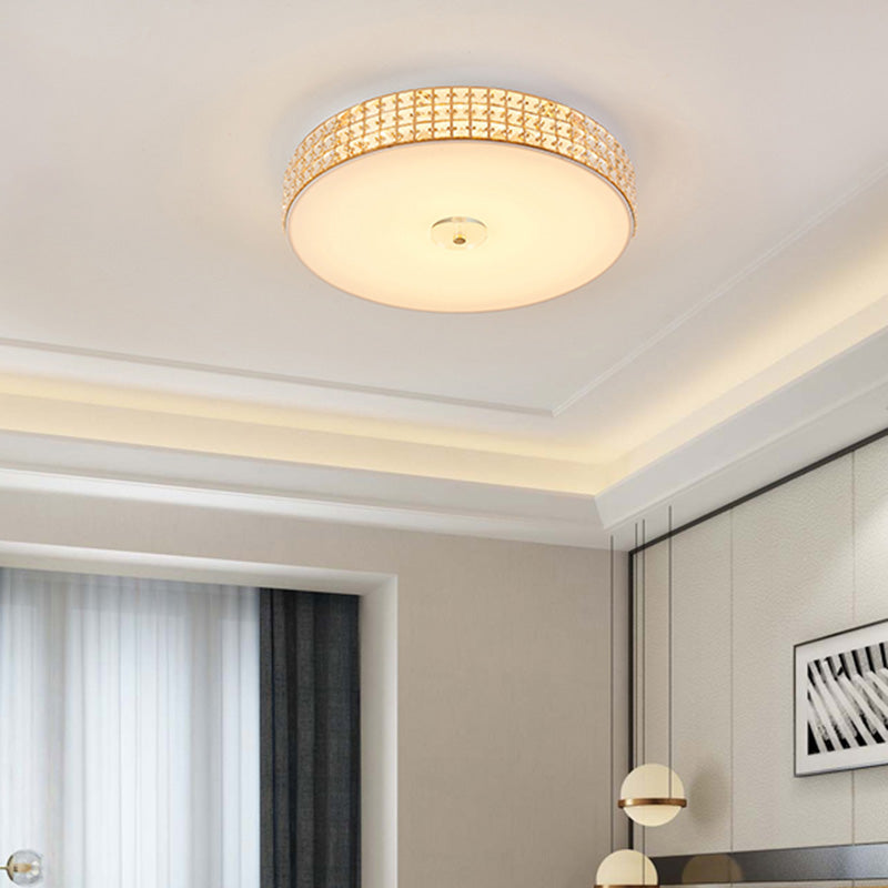 K9 Crystal Drum Flush Mount Lighting Minimalist Silver 12"/16"/19.5" Wide LED Ceiling Light for Bedroom Clearhalo 'Ceiling Lights' 'Close To Ceiling Lights' 'Close to ceiling' 'Flush mount' Lighting' 283281