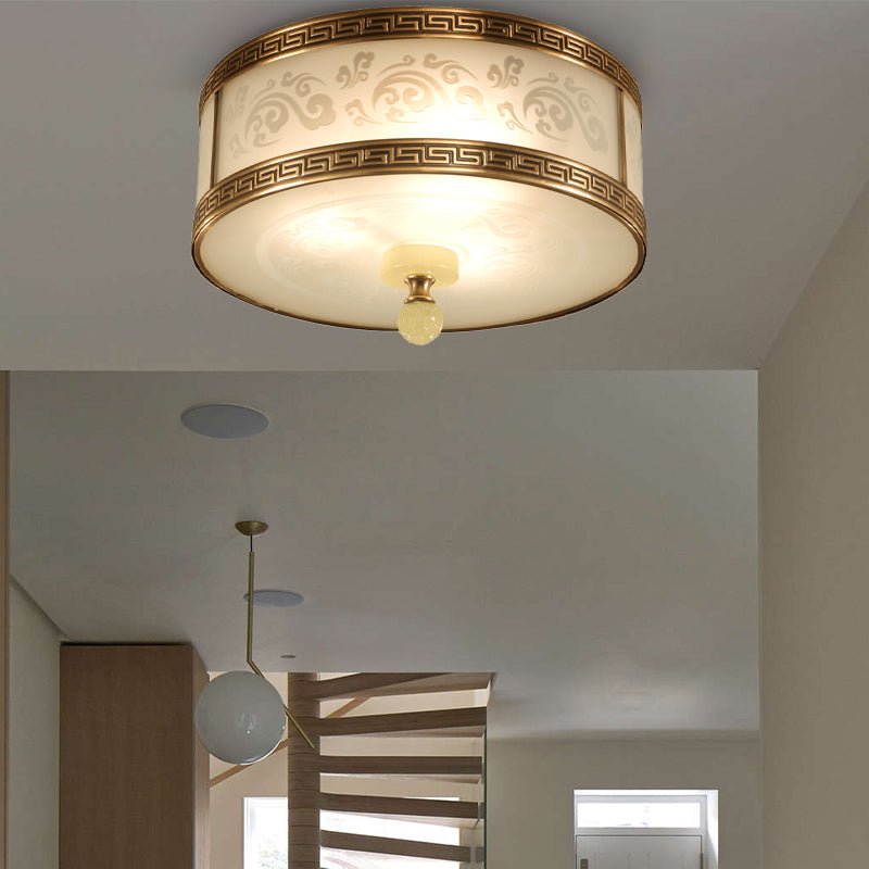 2/3/4 Light Frosted Glass Flush Light Chinese Style Brass Finish Drum Shape Ceiling Mount Light, 11.5"/13"/17" Dia Brass Clearhalo 'Ceiling Lights' 'Close To Ceiling Lights' 'Close to ceiling' 'Flush mount' Lighting' 283322