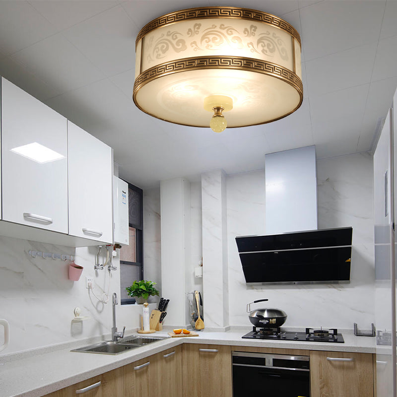 2/3/4 Light Frosted Glass Flush Light Chinese Style Brass Finish Drum Shape Ceiling Mount Light, 11.5"/13"/17" Dia Clearhalo 'Ceiling Lights' 'Close To Ceiling Lights' 'Close to ceiling' 'Flush mount' Lighting' 283324