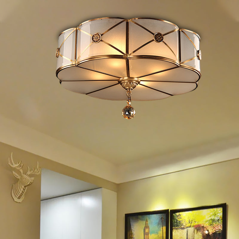14"/18" W 3/4-Light Floral Flush Lighting Retro Style Brass Finish Opal White Glass Ceiling Lamp with Crystal Drop Brass Clearhalo 'Ceiling Lights' 'Close To Ceiling Lights' 'Close to ceiling' 'Flush mount' Lighting' 283362