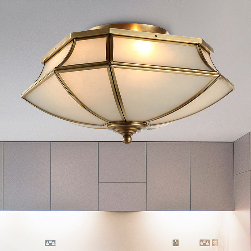 3 Lights Beveled Ceiling Lamp Classic Brass Finish Opal Glass Shade Flush Mount Light Clearhalo 'Ceiling Lights' 'Close To Ceiling Lights' 'Close to ceiling' 'Flush mount' Lighting' 283406