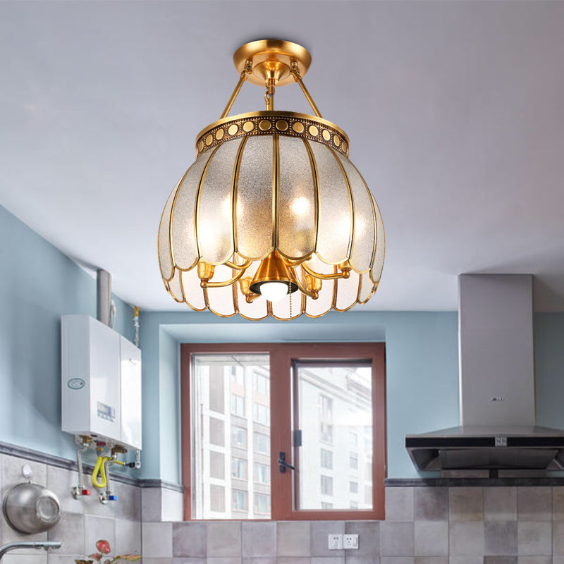 Retro Style Sphere Semi Flush Light 1 Bulb Frosted Glass Brass Finish Ceiling Lamp with Pull Chain Brass Clearhalo 'Ceiling Lights' 'Close To Ceiling Lights' 'Close to ceiling' 'Glass shade' 'Glass' 'Semi-flushmount' Lighting' 283430