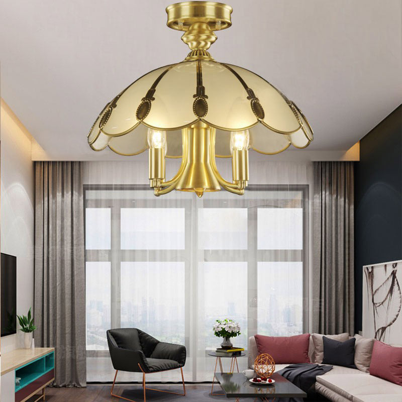 5 Bulbs Sheep/Oval Ceiling Light Fixture Vintage Brass Mouth Blown Opal Glass Semi Flush Mount Lighting for Bedroom Clearhalo 'Ceiling Lights' 'Close To Ceiling Lights' 'Close to ceiling' 'Glass shade' 'Glass' 'Semi-flushmount' Lighting' 283442
