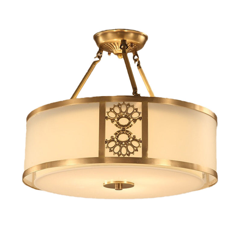 16"/19.5" W Brass 3/4 Heads Semi Flush Light Retro Sandblasted Glass Drum Ceiling Fixture for Living Room Clearhalo 'Ceiling Lights' 'Close To Ceiling Lights' 'Close to ceiling' 'Glass shade' 'Glass' 'Semi-flushmount' Lighting' 283455
