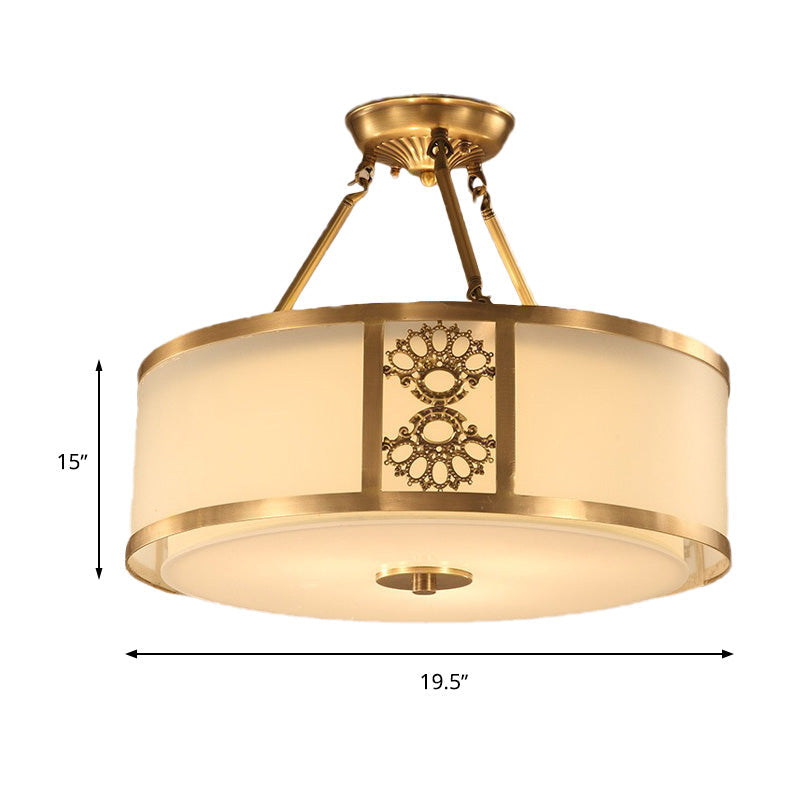 16"/19.5" W Brass 3/4 Heads Semi Flush Light Retro Sandblasted Glass Drum Ceiling Fixture for Living Room Clearhalo 'Ceiling Lights' 'Close To Ceiling Lights' 'Close to ceiling' 'Glass shade' 'Glass' 'Semi-flushmount' Lighting' 283457
