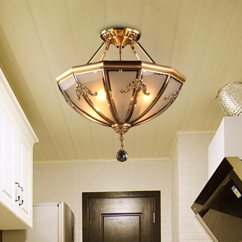 Brass 4 Lights Semi Flush Mount Chandelier Traditional Curved Frosted Glass Dome Ceiling Mounted Light for Living Room Brass Clearhalo 'Ceiling Lights' 'Chandeliers' 'Close To Ceiling Lights' 'Close to ceiling' 'Glass shade' 'Glass' 'Semi-flushmount' Lighting' 283479