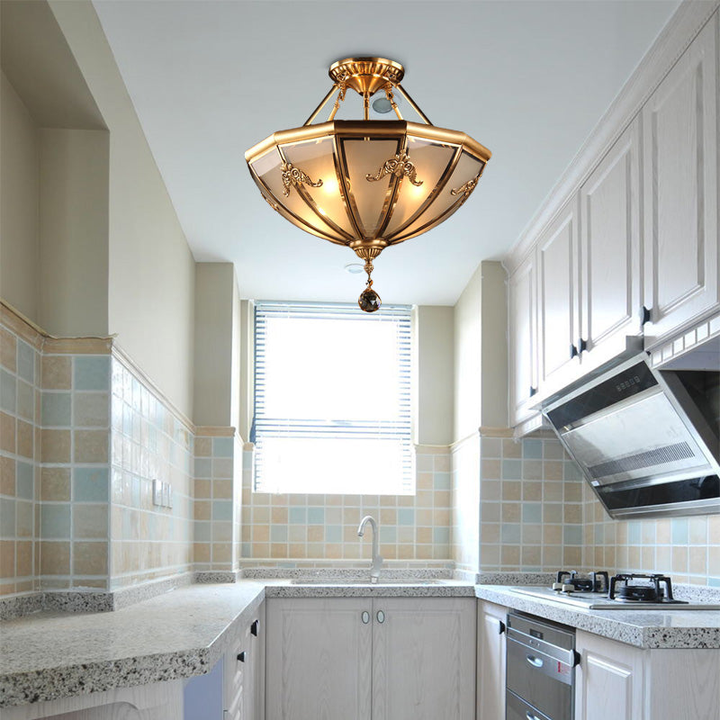 Brass 4 Lights Semi Flush Mount Chandelier Traditional Curved Frosted Glass Dome Ceiling Mounted Light for Living Room Clearhalo 'Ceiling Lights' 'Chandeliers' 'Close To Ceiling Lights' 'Close to ceiling' 'Glass shade' 'Glass' 'Semi-flushmount' Lighting' 283481