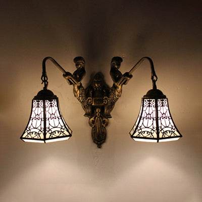 2 Heads Wall Light Fixture Baroque Dome/Flared Shape White/Blue/Purple Glass Sconce Light with Mermaid Decoration Clearhalo 'Industrial' 'Middle century wall lights' 'Tiffany wall lights' 'Tiffany' 'Wall Lamps & Sconces' 'Wall Lights' Lighting' 28357