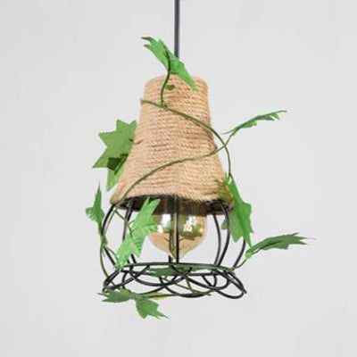 Oval/Teardrop Restaurant Pendant Lamp Industrial Style Rope 1 Light Beige Hanging Light with Artificial Leaf Clearhalo 'Ceiling Lights' 'Industrial Pendants' 'Industrial' 'Middle Century Pendants' 'Pendant Lights' 'Pendants' 'Tiffany' Lighting' 28367