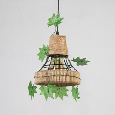 Beige 1 Light Hanging Lamp Country Style Metal and Rope Globe/Barrel Cage Pendant Lighting for Coffee Shop Clearhalo 'Ceiling Lights' 'Industrial Pendants' 'Industrial' 'Middle Century Pendants' 'Pendant Lights' 'Pendants' 'Tiffany' Lighting' 28373