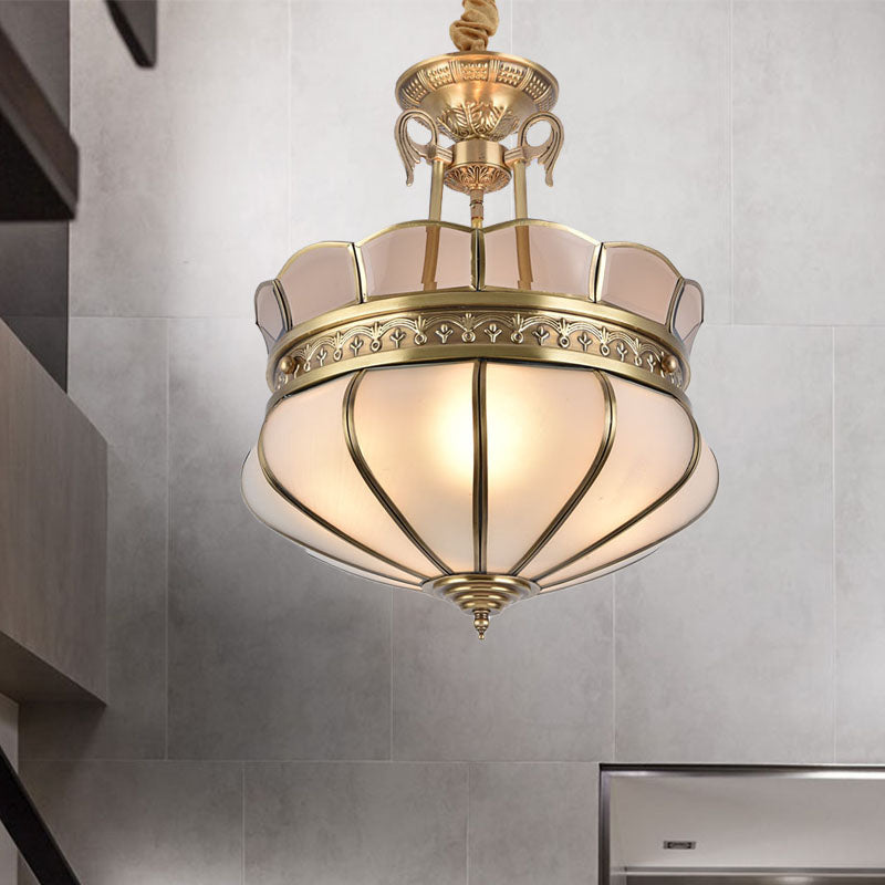 Scalloped Living Room Ceiling Chandelier Colonial Milky Glass 5/7 Heads Gold Hanging Light Fixture 5 Gold Clearhalo 'Ceiling Lights' 'Chandeliers' 'Glass shade' 'Glass' Lighting' 283892