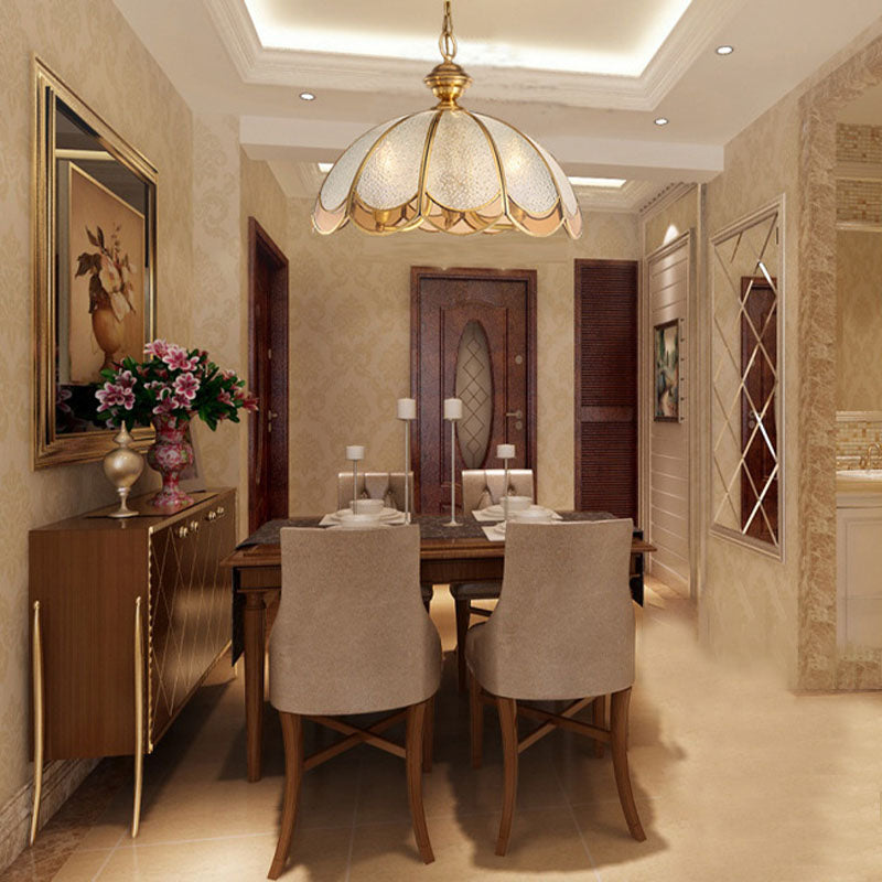 Gold 3 Heads Chandelier Light Colonialism Bubble Glass Scallop Suspended Lighting Fixture for Dining Room Clearhalo 'Ceiling Lights' 'Chandeliers' 'Close To Ceiling Lights' 'Glass shade' 'Glass' Lighting' 283909