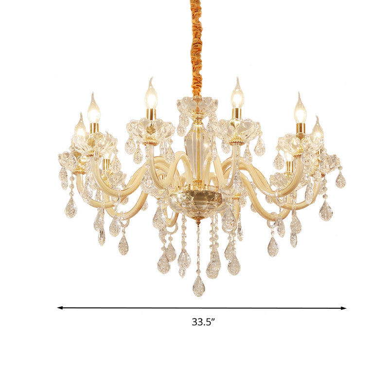 Beige Candle Style Hanging Ceiling Light Modern Crystal Drop 6/10 Heads Living Room Chandelier Light Fixture Clearhalo 'Ceiling Lights' 'Chandeliers' Lighting' options 283942