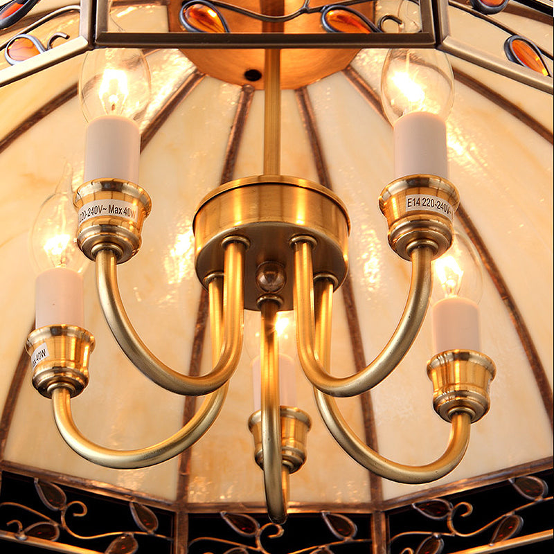 Colonial Dome Chandelier Lighting Fixture 5 Heads Opaline Glass Pendant Ceiling Light in Gold for Dining Room Clearhalo 'Ceiling Lights' 'Chandeliers' 'Close To Ceiling Lights' 'Glass shade' 'Glass' Lighting' 283948