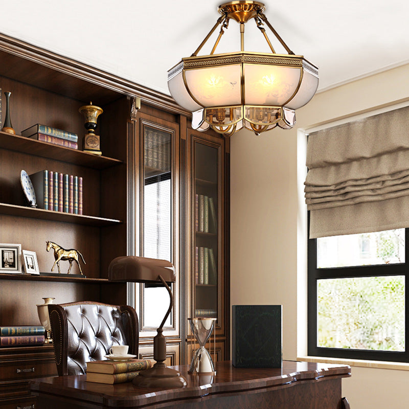 4 Bulbs Bowl Hanging Chandelier Colonial Brass Frosted Glass Ceiling Suspension Lamp for Living Room Clearhalo 'Ceiling Lights' 'Chandeliers' 'Glass shade' 'Glass' Lighting' 284064