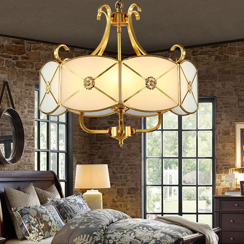 20"/23.5" W White Glass Drum Chandelier Lamp Colonial 4 Heads Dining Room Pendant Light Fixture Clearhalo 'Ceiling Lights' 'Chandeliers' 'Glass shade' 'Glass' Lighting' 284140