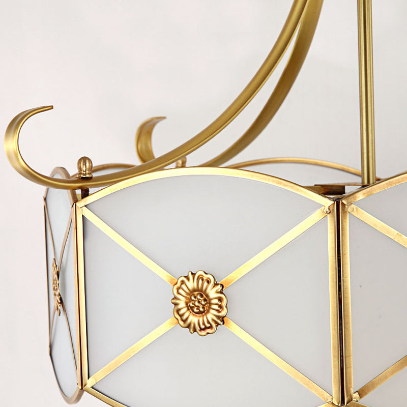 20"/23.5" W White Glass Drum Chandelier Lamp Colonial 4 Heads Dining Room Pendant Light Fixture Clearhalo 'Ceiling Lights' 'Chandeliers' 'Glass shade' 'Glass' Lighting' 284144