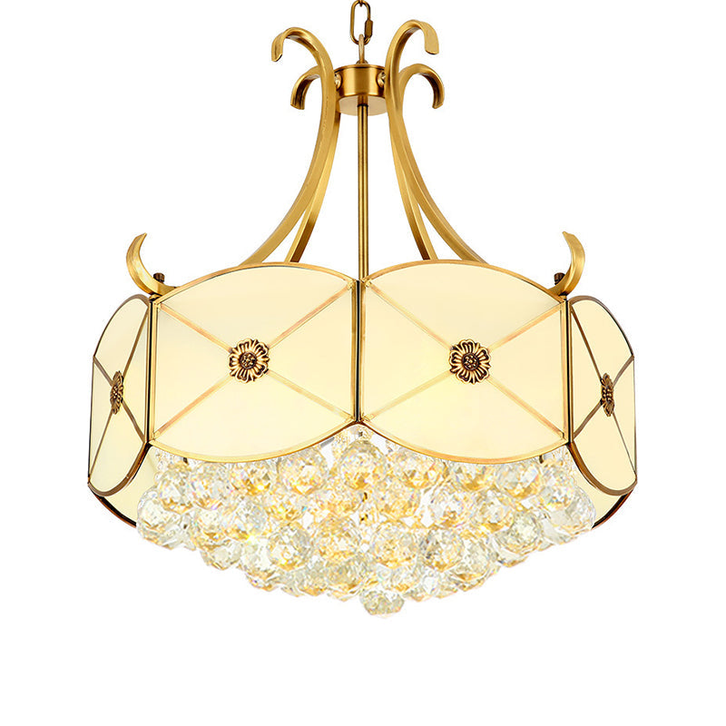 Drum Restaurant Ceiling Chandelier Colonial Ivory Glass 4 Heads Gold Hanging Light Fixture with Crystal Ball Clearhalo 'Ceiling Lights' 'Chandeliers' 'Glass shade' 'Glass' Lighting' 284195