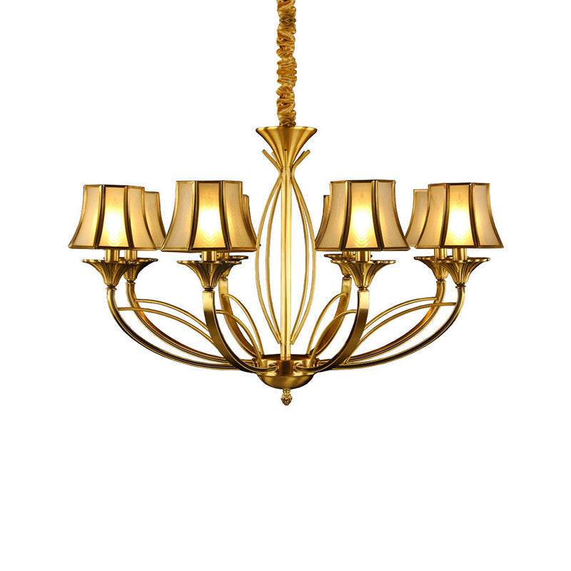 Gold Flared Chandelier Colonization Frosted White Glass 5/6/8 Heads Living Room Pendant Light with Curved Metal Arm Clearhalo 'Ceiling Lights' 'Chandeliers' 'Glass shade' 'Glass' Lighting' 284349