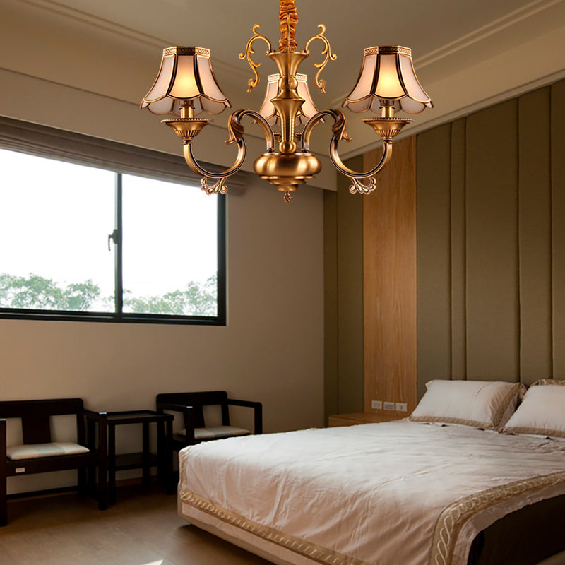 Frosted Glass Gold Pendant Chandelier Scalloped 3/5/6 Bulbs Colonial Suspended Lighting Fixture with Radial Design Clearhalo 'Ceiling Lights' 'Chandeliers' 'Glass shade' 'Glass' Lighting' 284419