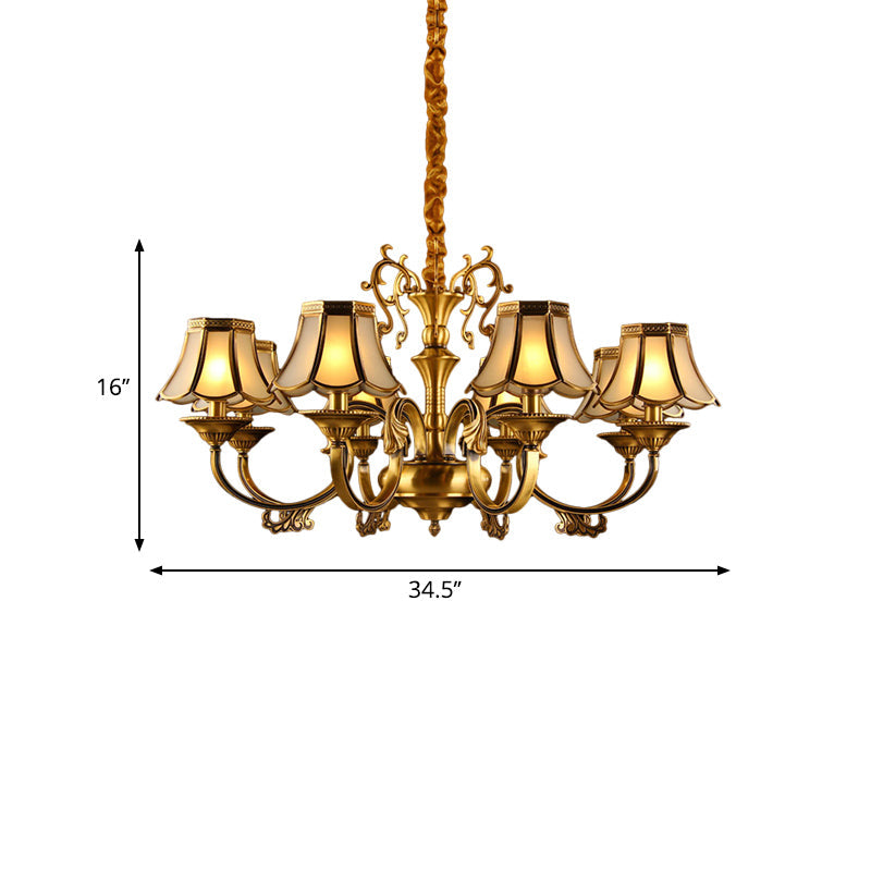 Frosted Glass Gold Pendant Chandelier Scalloped 3/5/6 Bulbs Colonial Suspended Lighting Fixture with Radial Design Clearhalo 'Ceiling Lights' 'Chandeliers' 'Glass shade' 'Glass' Lighting' 284434