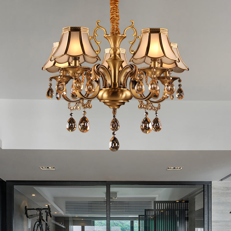 Colonial Scalloped Hanging Chandelier 5/6/8 Lights White Frosted Glass Down Lighting Pendant in Gold with Crystal Drop 5 Gold Clearhalo 'Ceiling Lights' 'Chandeliers' 'Glass shade' 'Glass' Lighting' 284452