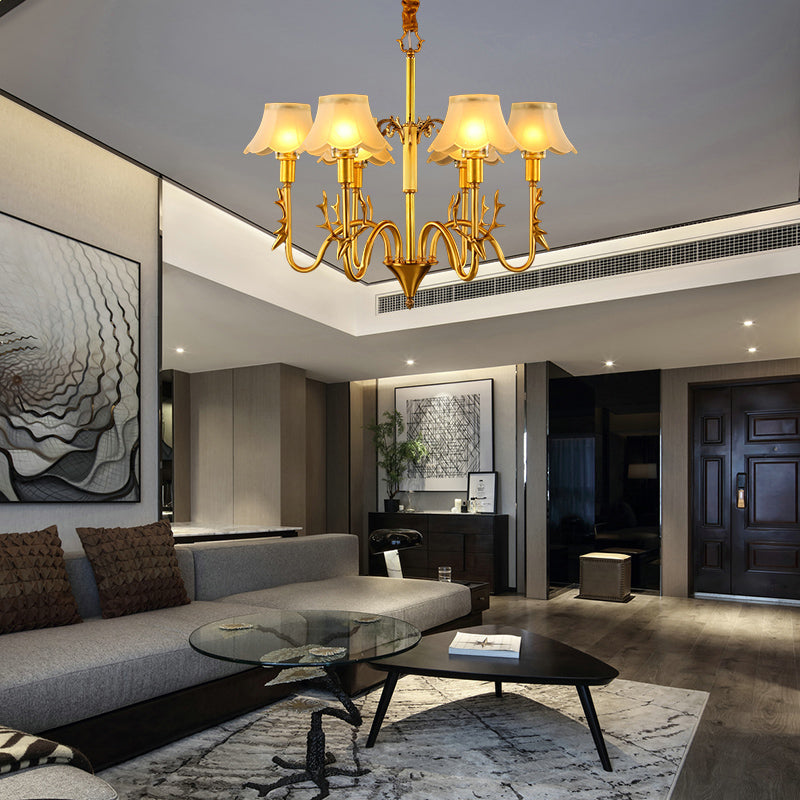 Scalloped Dining Room Hanging Lamp Colonial Frosted Glass 3/5/6 Lights Gold Finish Chandelier Light Fixture Clearhalo 'Ceiling Lights' 'Chandeliers' 'Glass shade' 'Glass' 'Pendant Lights' Lighting' 284550