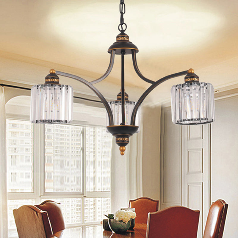 Curved Arm Living Room Chandelier Light Traditional Clear Tri-Sided Crystal Rod 3/5/6 Heads Black Ceiling Light Fixture Clearhalo 'Ceiling Lights' 'Chandeliers' Lighting' options 284607
