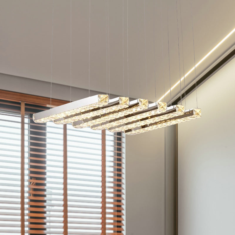 Linear Living Room Ceiling Chandelier Simple Style K9 Crystal 6/9 Heads Silver Hanging Light in Warm/White Light 6 Silver Warm Clearhalo 'Ceiling Lights' 'Chandeliers' Lighting' options 284640_ce13ad51-d178-422a-ae02-4ce90dad5f84