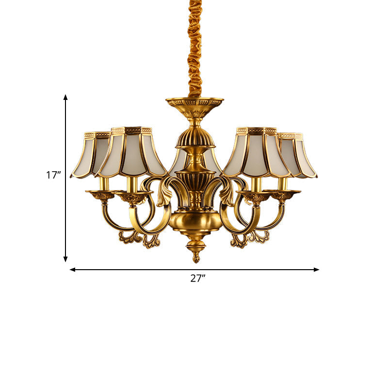 5/6/8 Heads Beige Frosted Glass Pendant Chandelier Colonial Gold Finish Scallope Living Room Suspension Lighting Clearhalo 'Ceiling Lights' 'Chandeliers' 'Glass shade' 'Glass' 'Pendant Lights' Lighting' 284661