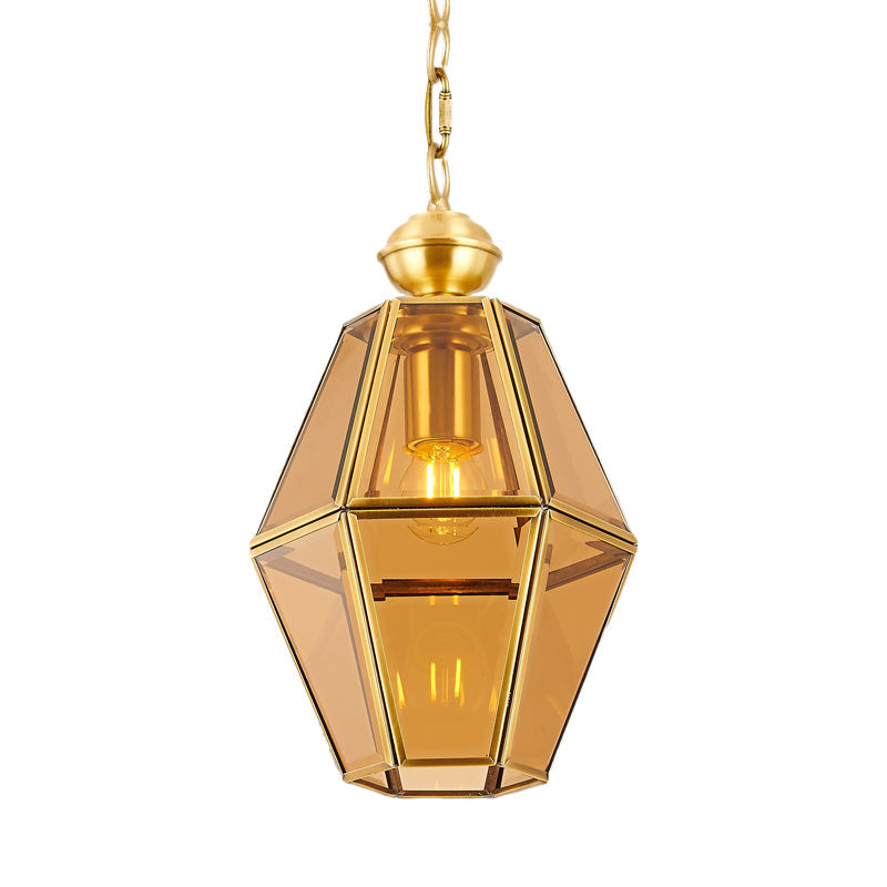 1 Bulb Ceiling Pendant Light Colonialism Living Room Hanging Lamp with Geometric Clear/Yellow Glass Shade Clearhalo 'Ceiling Lights' 'Glass shade' 'Glass' 'Pendant Lights' 'Pendants' Lighting' 284706
