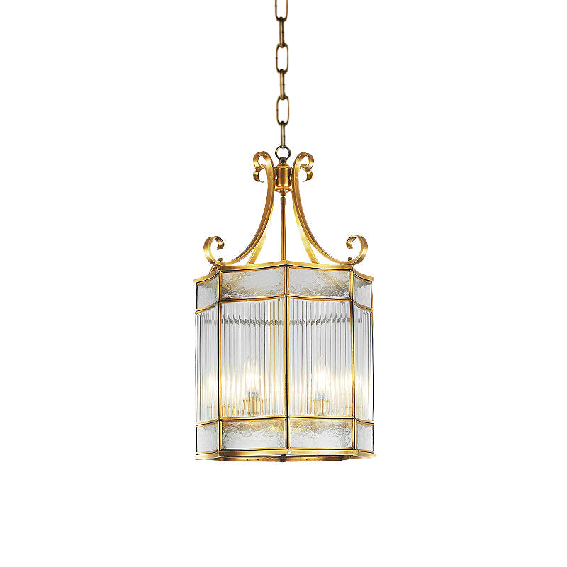 22"/23" H 4 Bulbs Cylinder Pendant Lamp Colonial Gold Clear Prismatic Glass Chandelier Light Fixture for Living Room Clearhalo 'Ceiling Lights' 'Chandeliers' 'Glass shade' 'Glass' Lighting' 284779