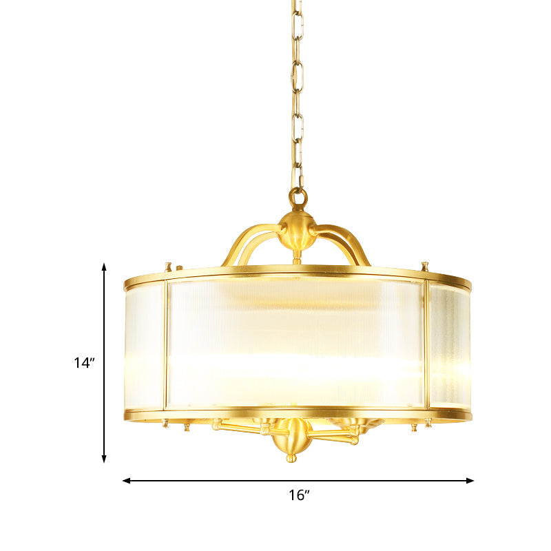 Drum Kitchen Ceiling Chandelier Colonial Frosted Ribbed Glass 4/5 Heads Gold Hanging Light Fixture Clearhalo 'Ceiling Lights' 'Chandeliers' 'Glass shade' 'Glass' Lighting' 284790