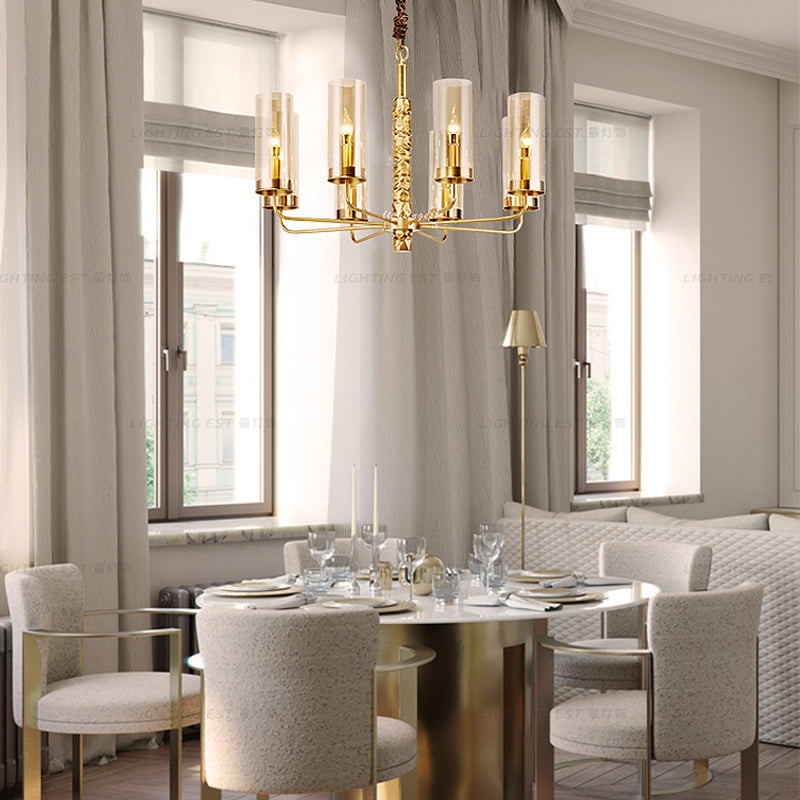 Gold 8 Heads Chandelier Lighting Colonialism Clear Glass Cylinder Pendant Ceiling Light Clearhalo 'Ceiling Lights' 'Chandeliers' 'Glass shade' 'Glass' Lighting' 284793