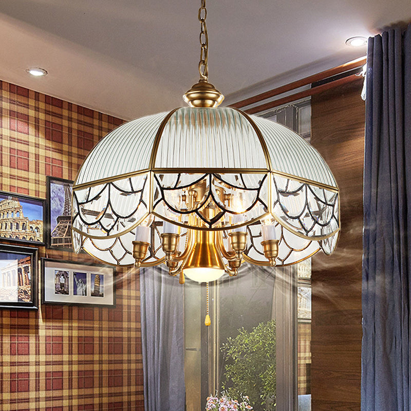 Colonial Scalloped Hanging Pendant 7 Heads Frosted Prismatic Glass Suspended Lighting Fixture in Brass Clearhalo 'Ceiling Lights' 'Chandeliers' 'Glass shade' 'Glass' Lighting' 284808